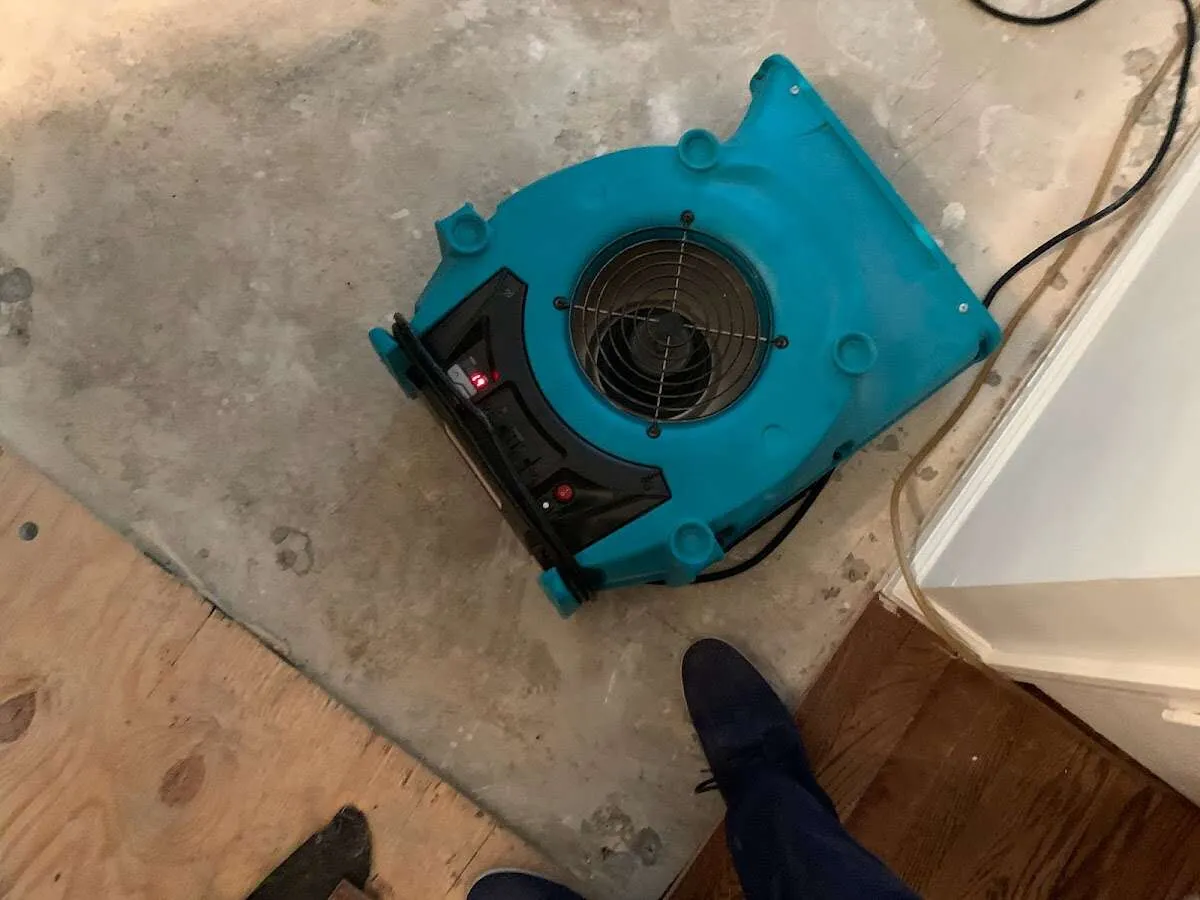 Air mover drying subfloor during Commercial Water Damage Restoration in Horace